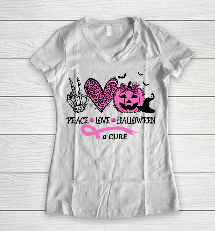 Peace Love Halloween And A Cure Breast Cancer Halloween Women V-Neck T-Shirt