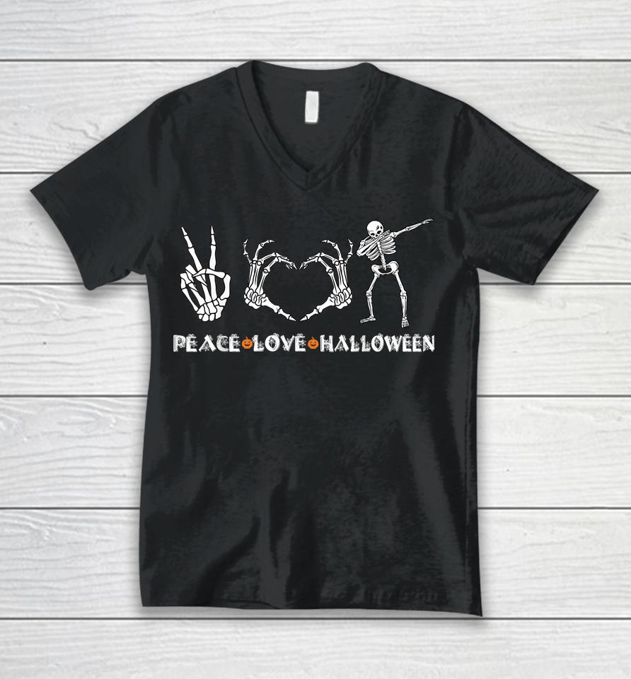 Peace Love Halloween Funny Skeleton Hands Happy Halloween Unisex V-Neck T-Shirt