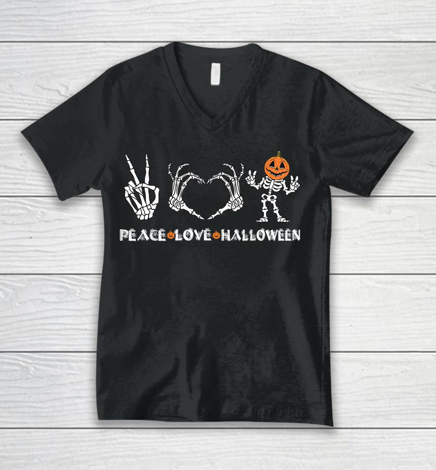 Peace Love Halloween Happy Halloween Pumpkin Skeleton Hands Unisex V-Neck T-Shirt