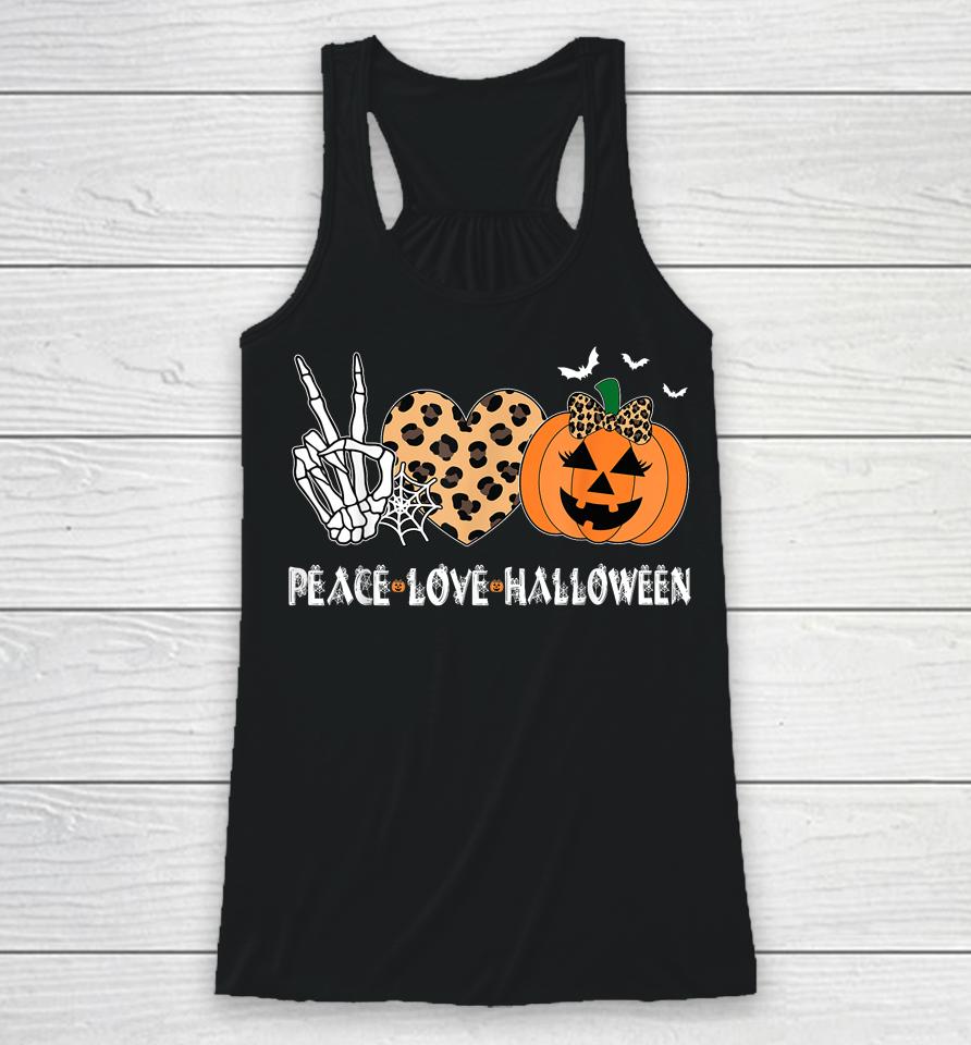 Peace Love Halloween Scary Pumpkin Leopard Skeleton Racerback Tank