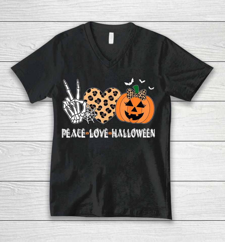 Peace Love Halloween Scary Pumpkin Leopard Skeleton Unisex V-Neck T-Shirt