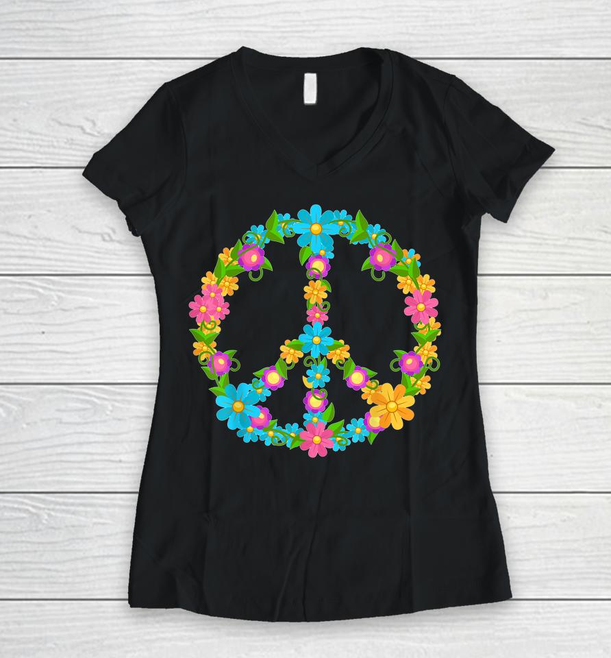 Peace Love Hippie Shirt 60'S 70'S Hippie Colorful Flowers Women V-Neck T-Shirt