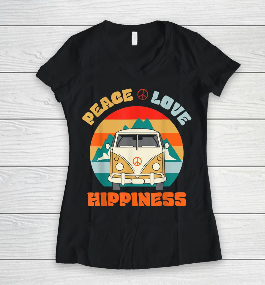 Peace Love &Amp; Hippiness Groovy Hippie Retro 70S Vintage Women V-Neck T-Shirt