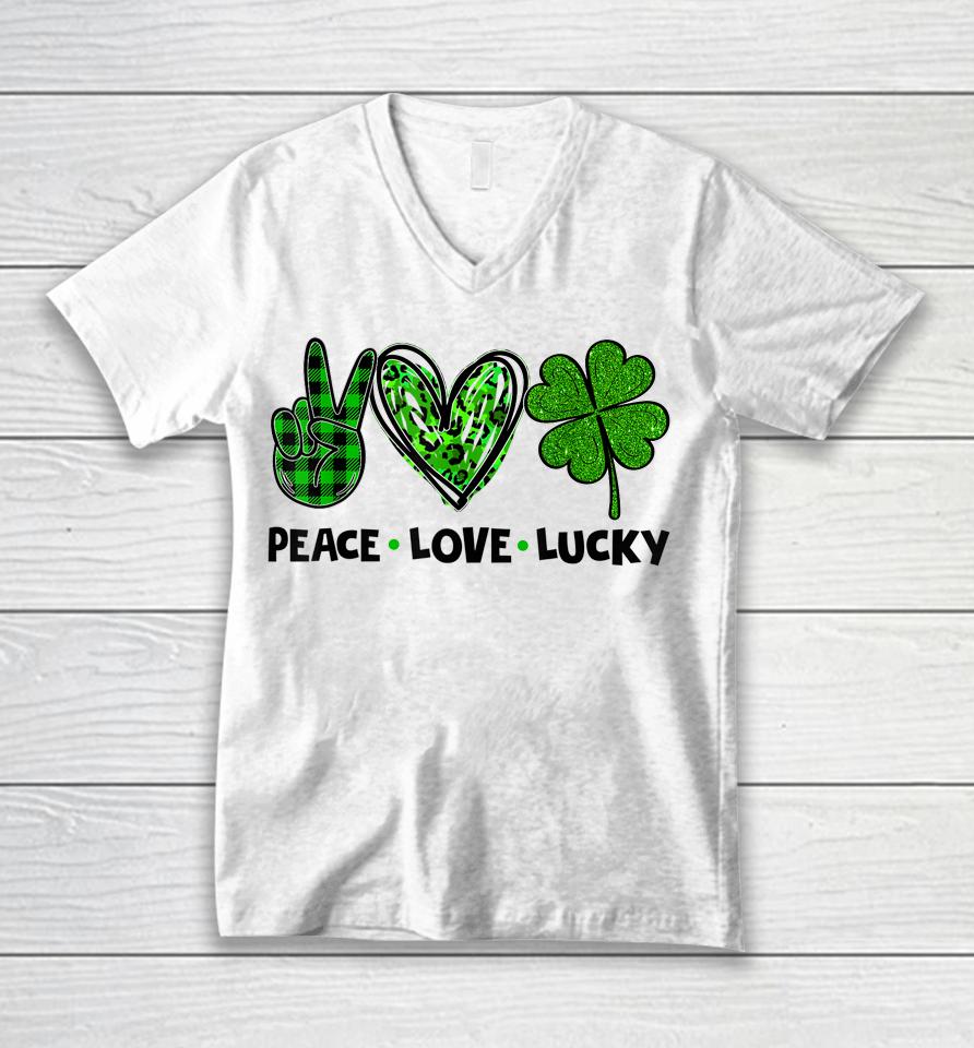 Peace Love Luck Lucky Clover Shamrock St Patrick's Day Unisex V-Neck T-Shirt