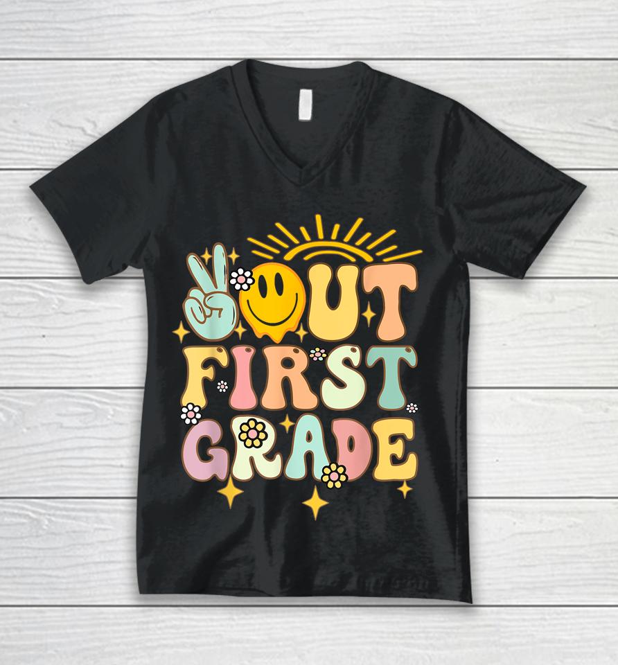 Peace Out 1St Grade Graduation Last Day Of School Groovy Unisex V-Neck T-Shirt