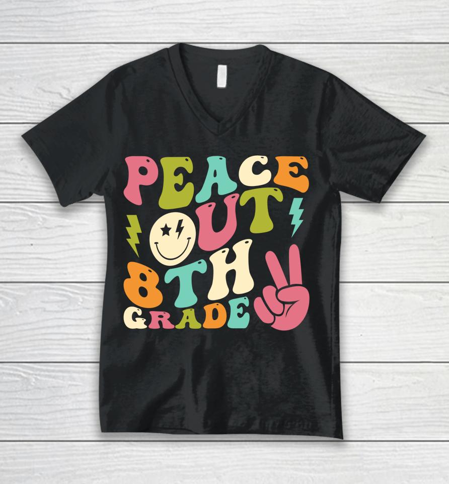 Peace Out 8Th Grade Groovy Graduation Last Day Of School Unisex V-Neck T-Shirt