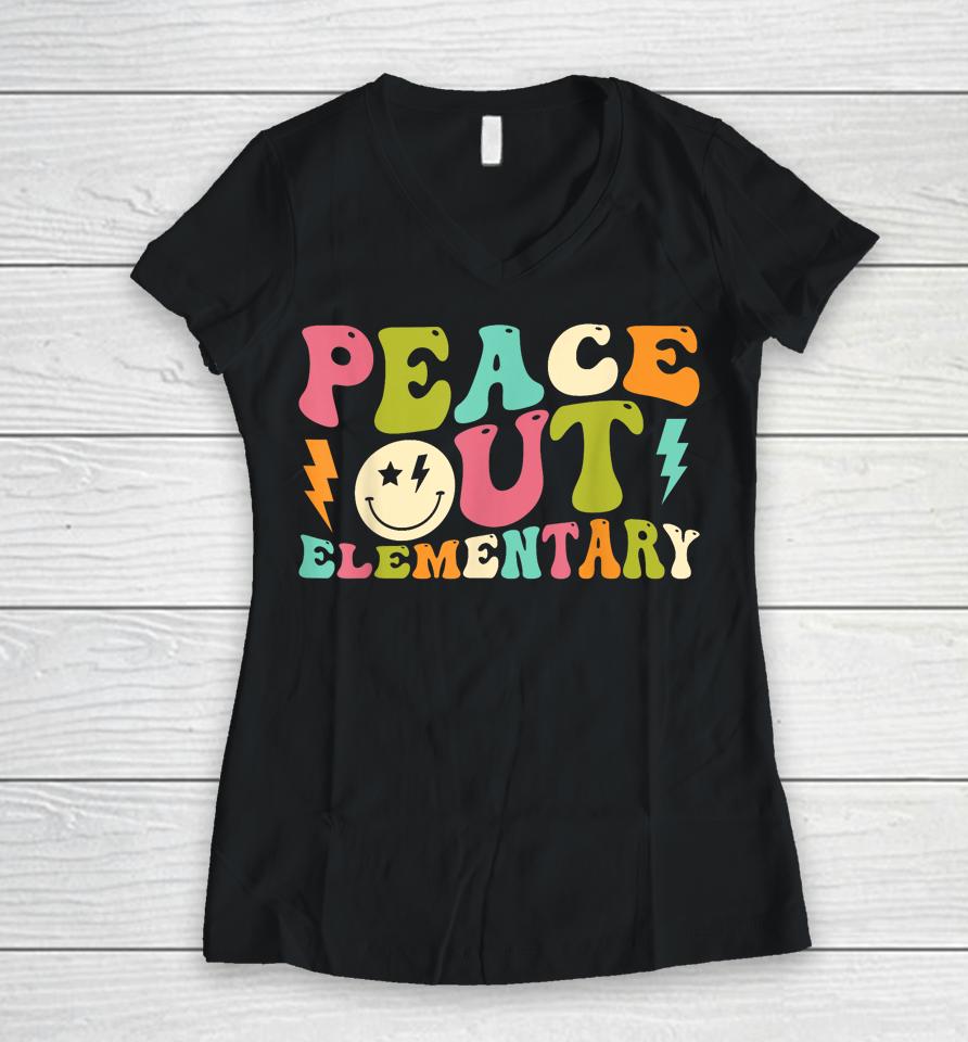 Peace Out Elementary Groovy Graduation Last Day Of School Women V-Neck T-Shirt