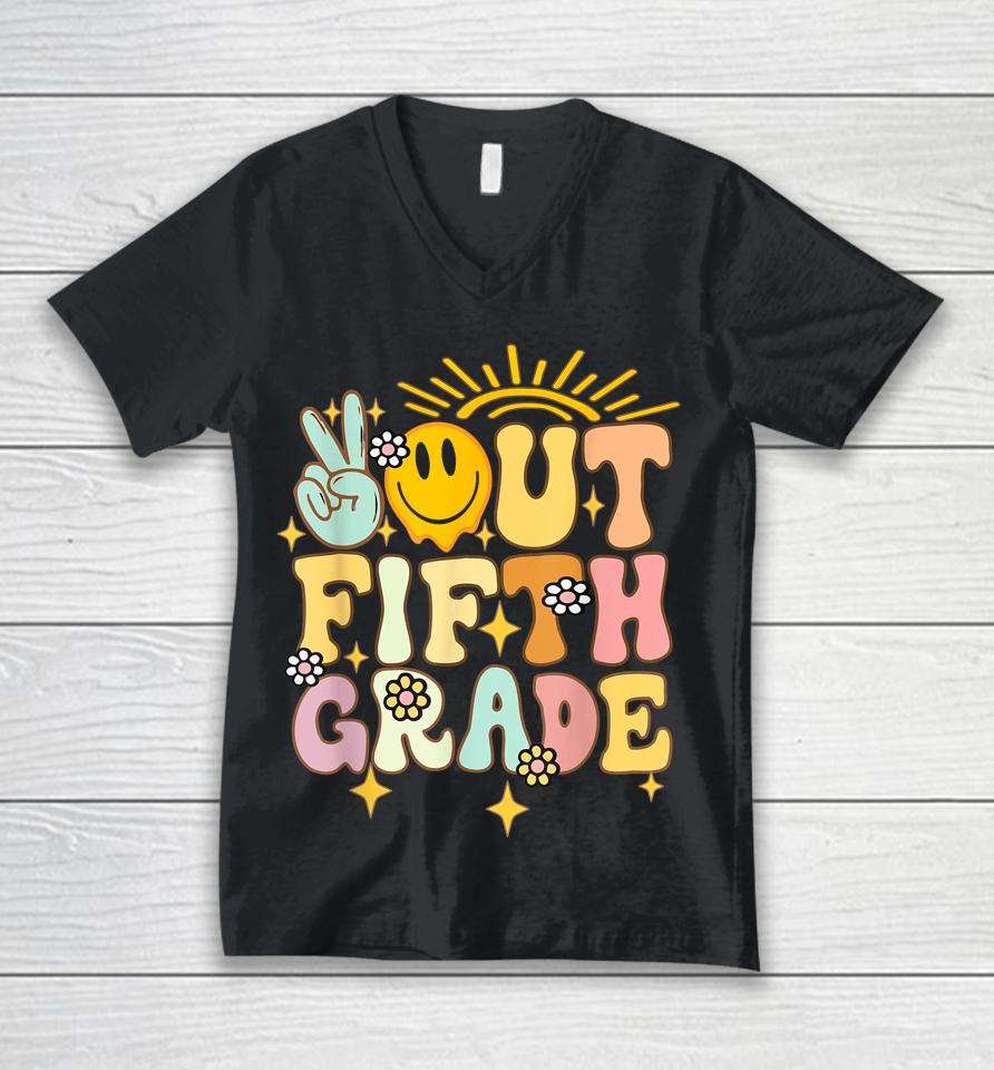 Peace Out Fifth 5Th Grade Class Of 2023 Goodbye 5Th Grade Unisex V-Neck T-Shirt