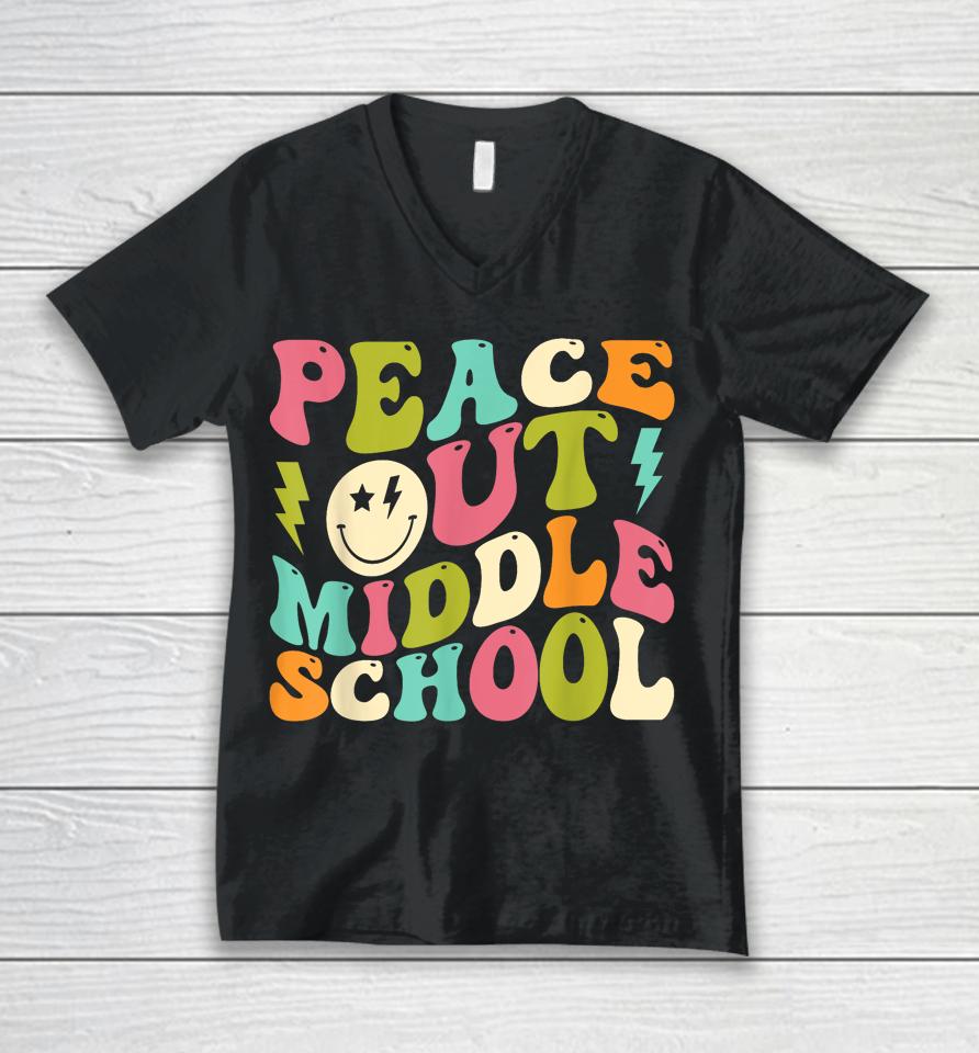 Peace Out Middle School Groovy Graduation Last Day Of School Unisex V-Neck T-Shirt