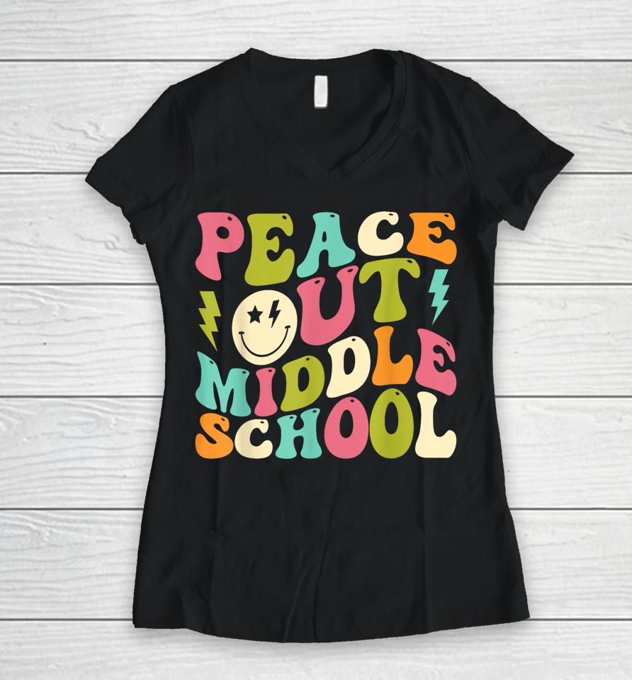 Peace Out Middle School Groovy Graduation Last Day Of School Women V-Neck T-Shirt