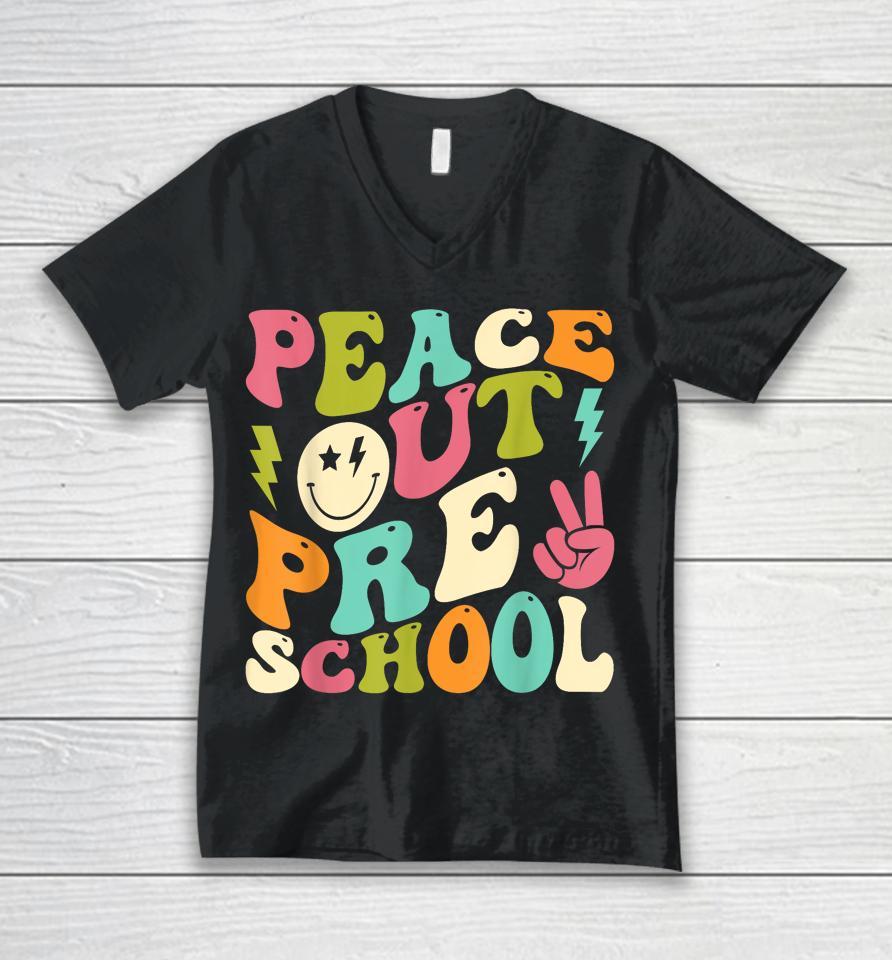 Peace Out Preschool Groovy Graduation Last Day Of School Unisex V-Neck T-Shirt