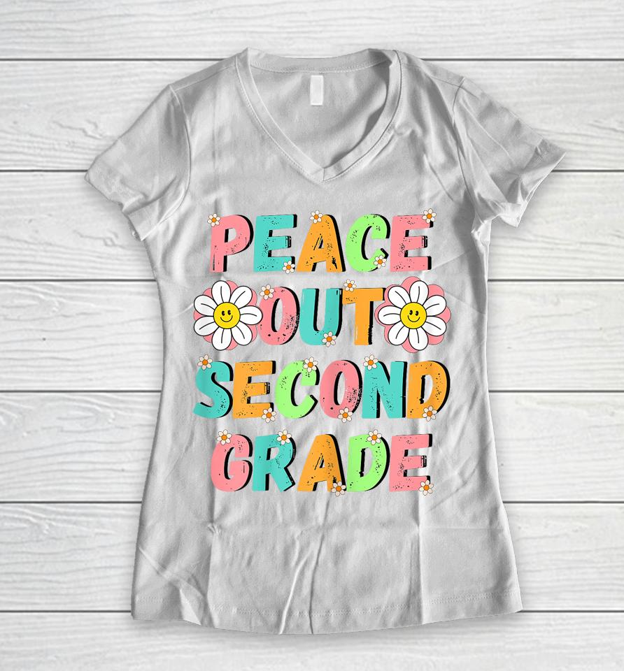 Peace Out Second Grade Cute Groovy Last Day Of 2Nd Grade Women V-Neck T-Shirt