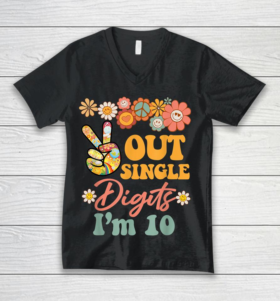 Peace Out Single Digits I'm 10 T-Shirt Retro Sunflower Groovy Unisex V-Neck T-Shirt