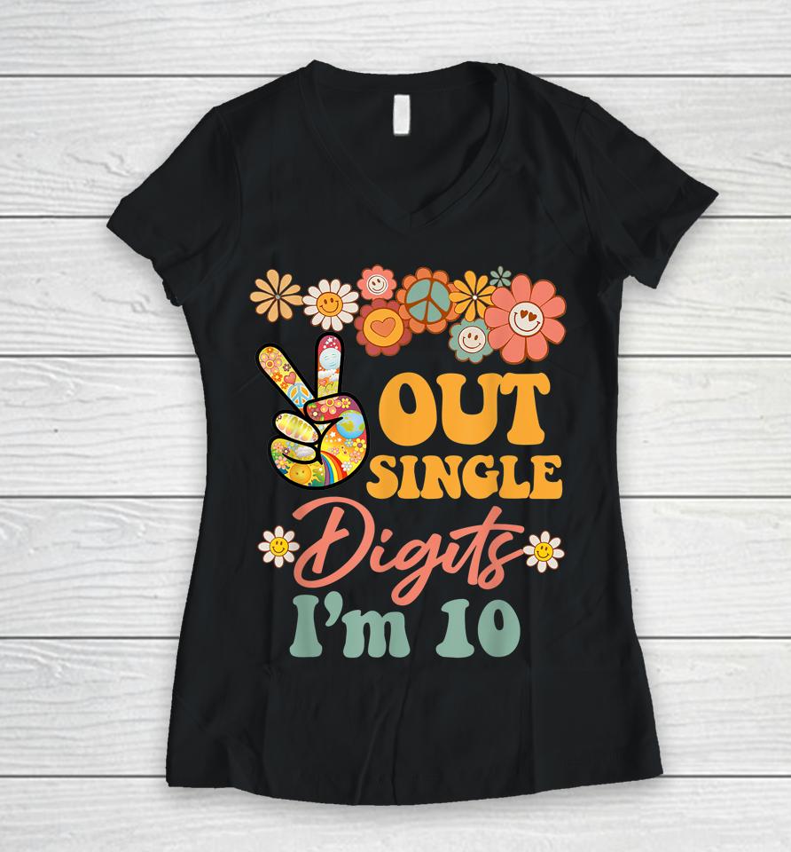 Peace Out Single Digits I'm 10 T-Shirt Retro Sunflower Groovy Women V-Neck T-Shirt