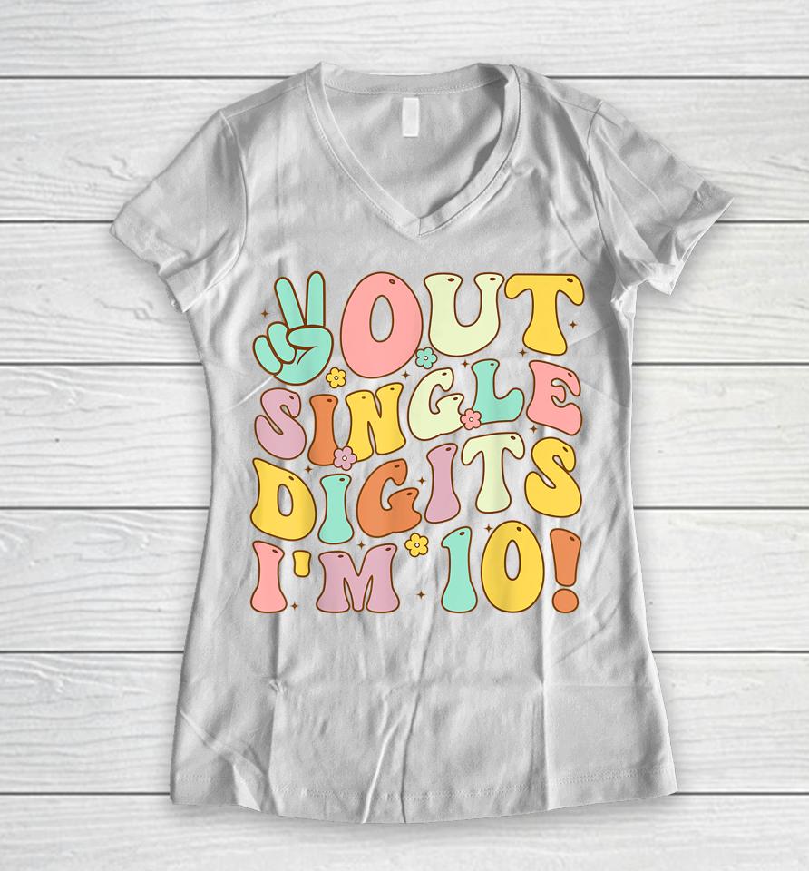 Peace Out Single Digits Retro Groovy 10Th Birthday Girl Women V-Neck T-Shirt
