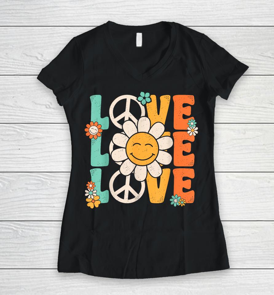 Peace Sign Love 60S 70S 80S Costume Groovy Theme Party Women V-Neck T-Shirt