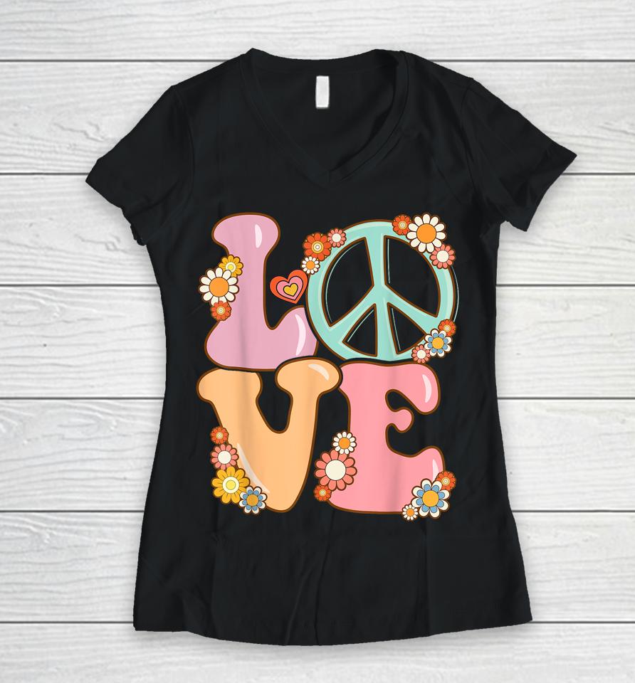 Peace Sign Love 60S 70S Costume Groovy Hippie Women V-Neck T-Shirt