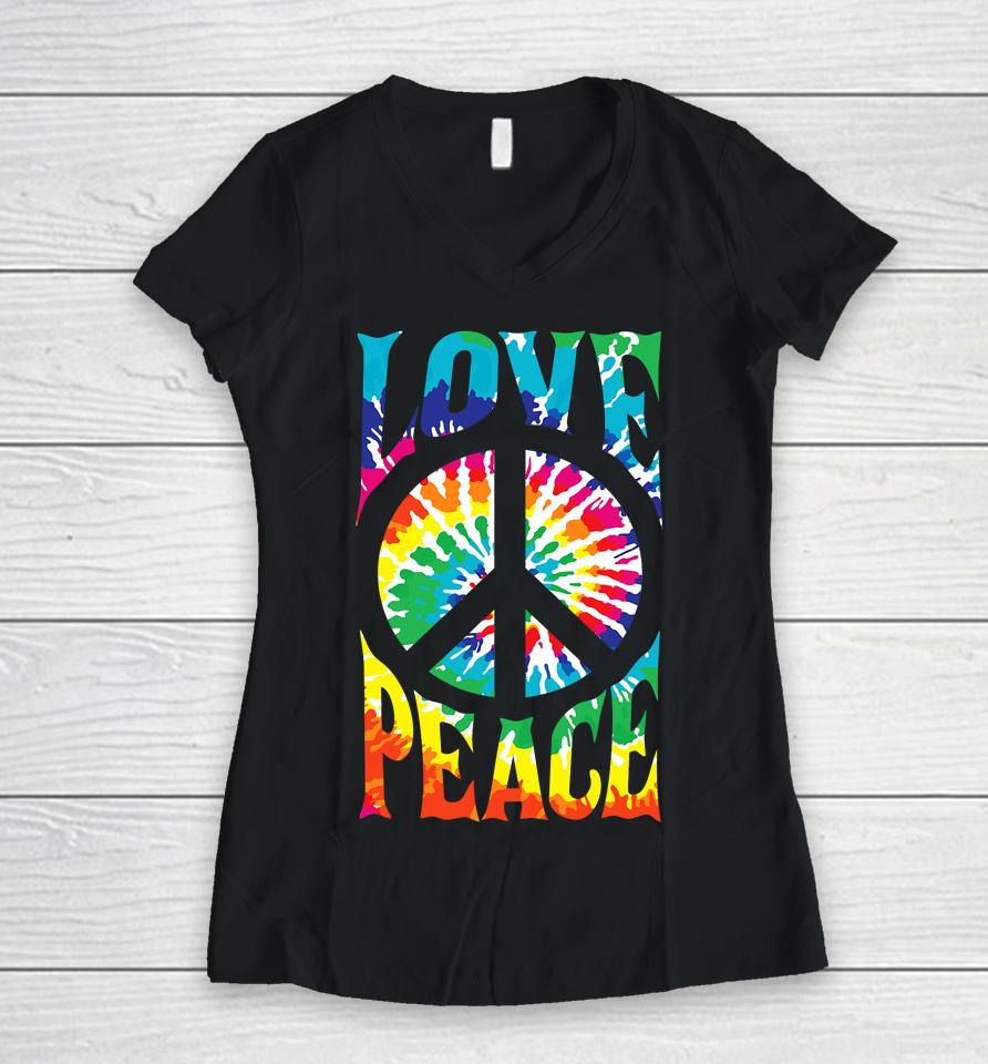 Peace Sign Love 60S 70S Tie Dye Hippie Women V-Neck T-Shirt