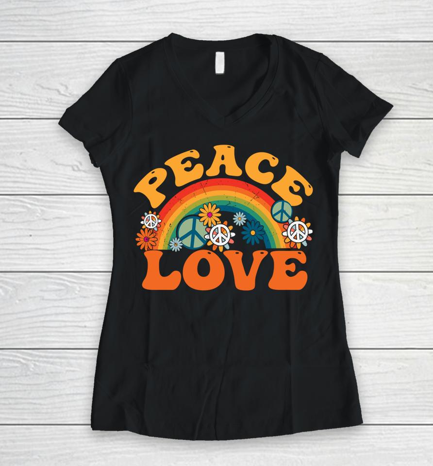 Peace Sign Love 70S 1970 Tie Dye Hippie Halloween Women V-Neck T-Shirt