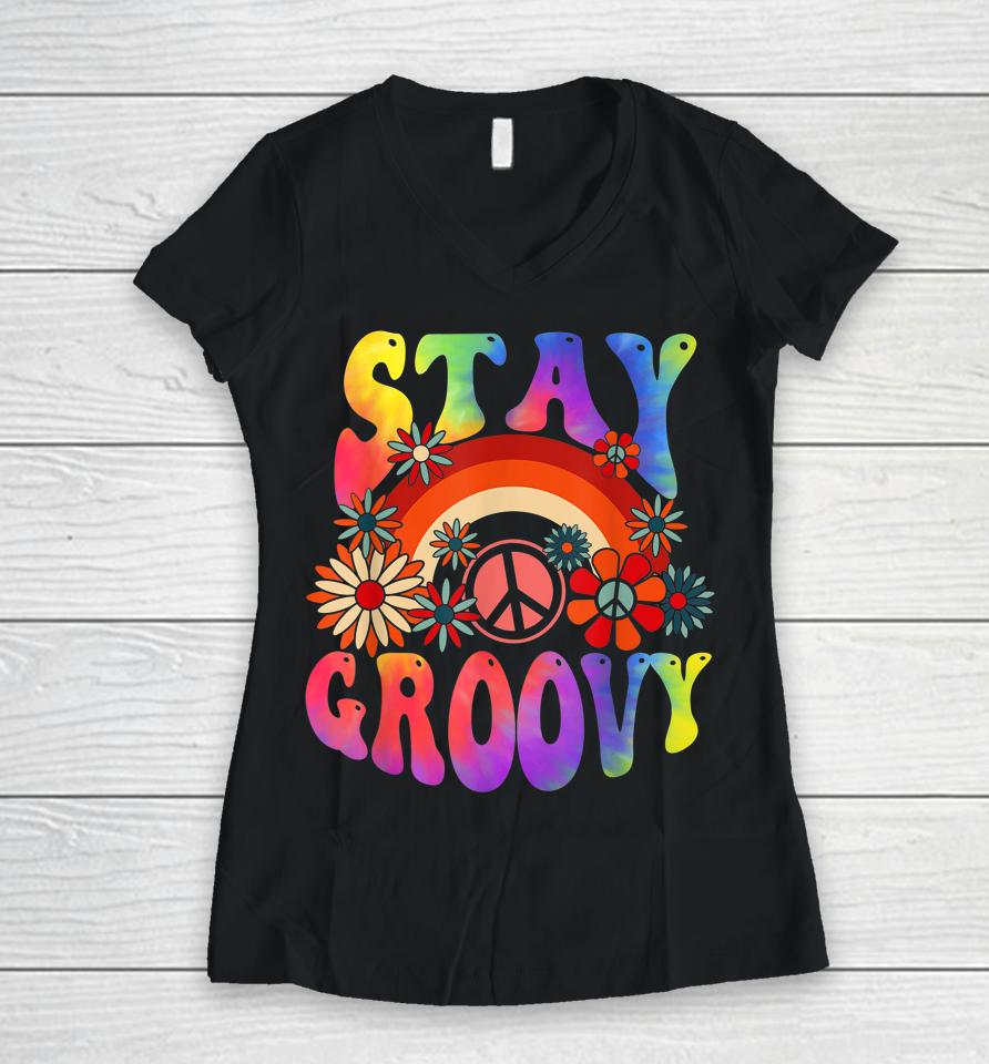 Peace Sign Love Tie Dye Hippie Halloween Stay Groovy Women V-Neck T-Shirt