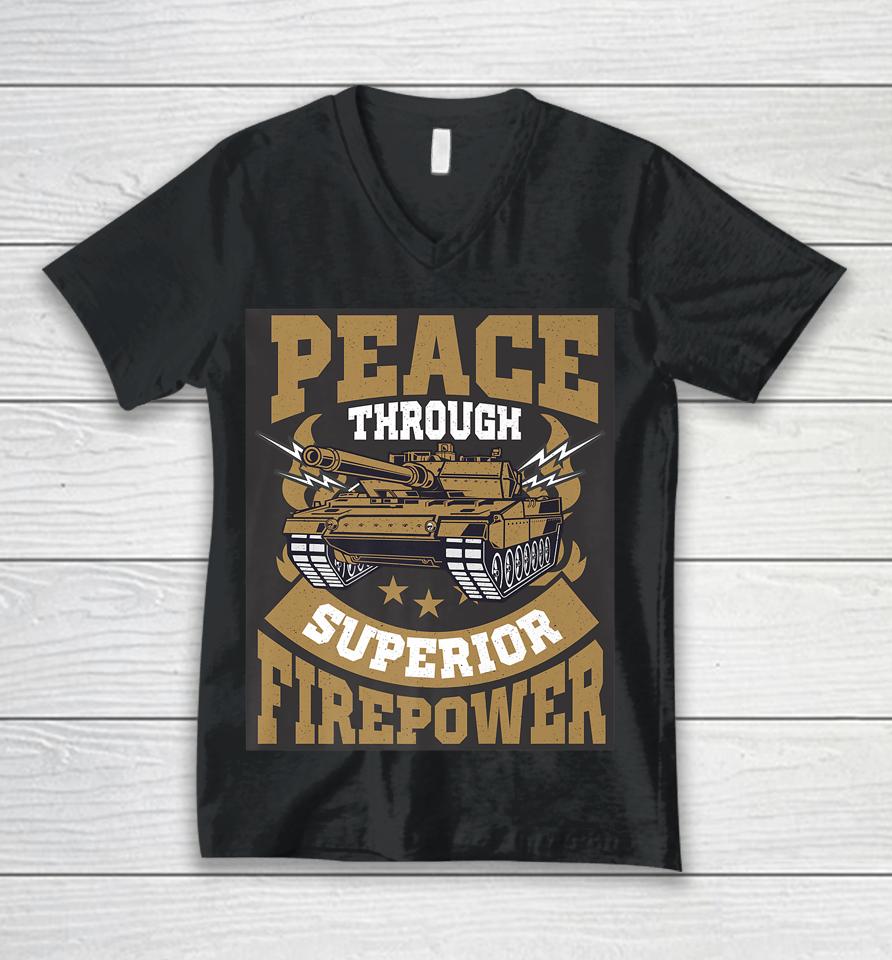 Peace Through Superior Firepower Usa Flag Soldier Military Unisex V-Neck T-Shirt