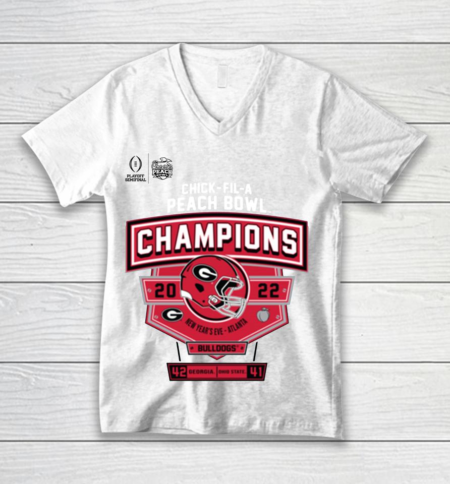 Peach Bowl Merchandise 2022 Chick-Fil-A Peach Bowl Georgia Champions Score Unisex V-Neck T-Shirt