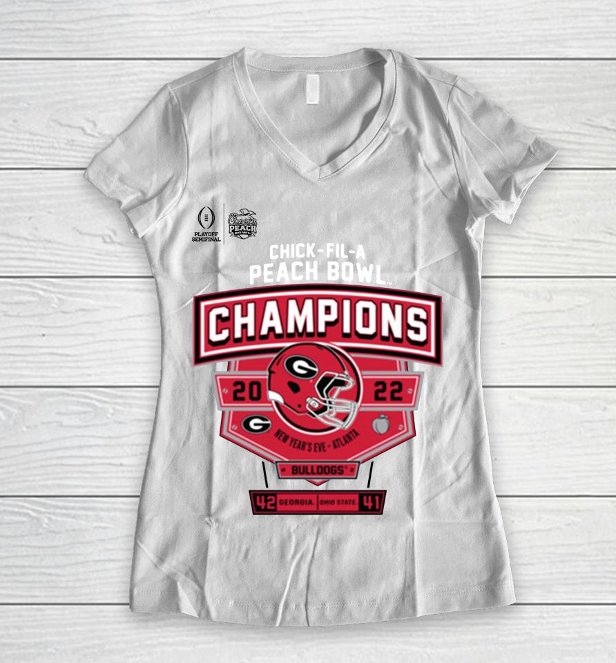 Peach Bowl Merchandise 2022 Chick-Fil-A Peach Bowl Georgia Champions Score Women V-Neck T-Shirt