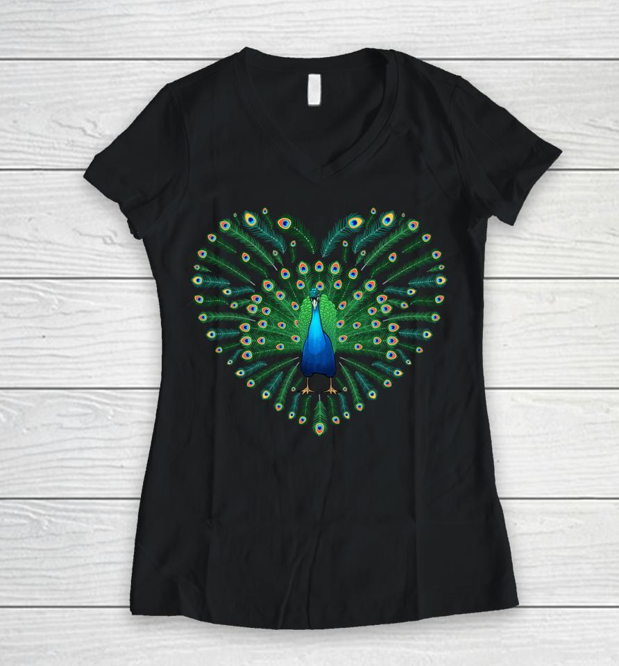 Peacocks Feather Heart Bird Lover Women V-Neck T-Shirt