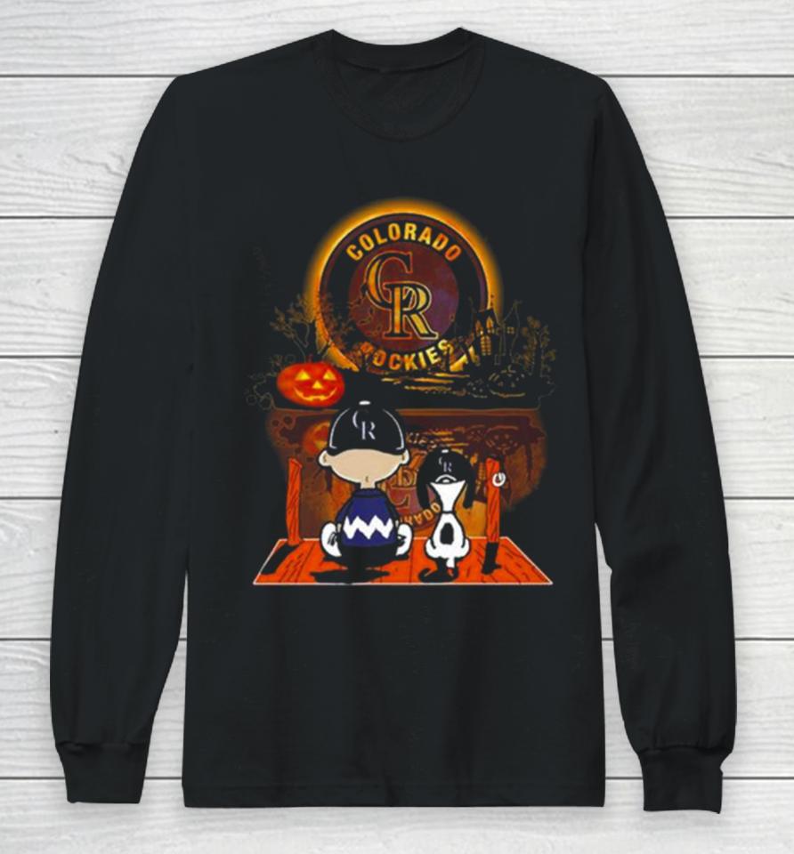 Peanut Snoopy And Charlie Brown Colorado Rockies Sitting Under Moon Halloween 2023 Long Sleeve T-Shirt