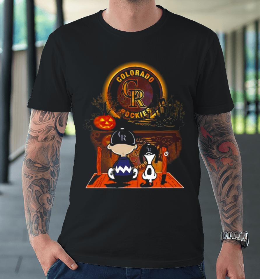 Peanut Snoopy And Charlie Brown Colorado Rockies Sitting Under Moon Halloween 2023 Premium T-Shirt