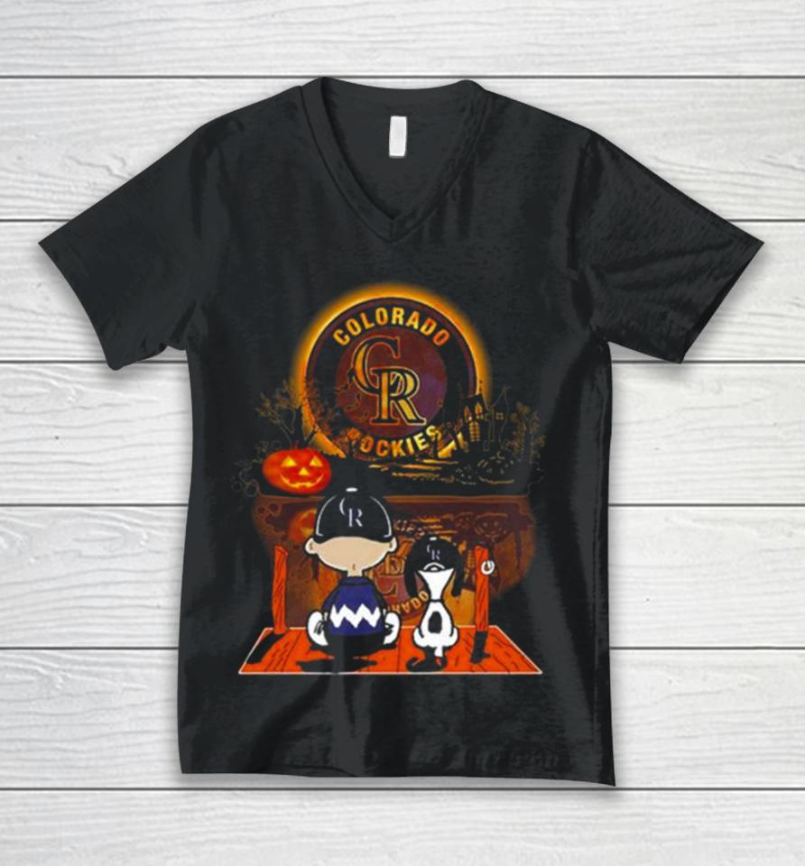 Peanut Snoopy And Charlie Brown Colorado Rockies Sitting Under Moon Halloween 2023 Unisex V-Neck T-Shirt