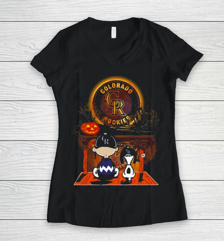 Peanut Snoopy And Charlie Brown Colorado Rockies Sitting Under Moon Halloween 2023 Women V-Neck T-Shirt
