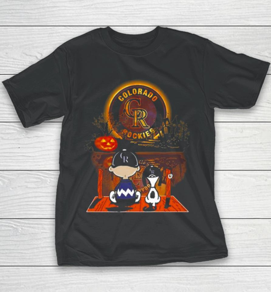 Peanut Snoopy And Charlie Brown Colorado Rockies Sitting Under Moon Halloween 2023 Youth T-Shirt