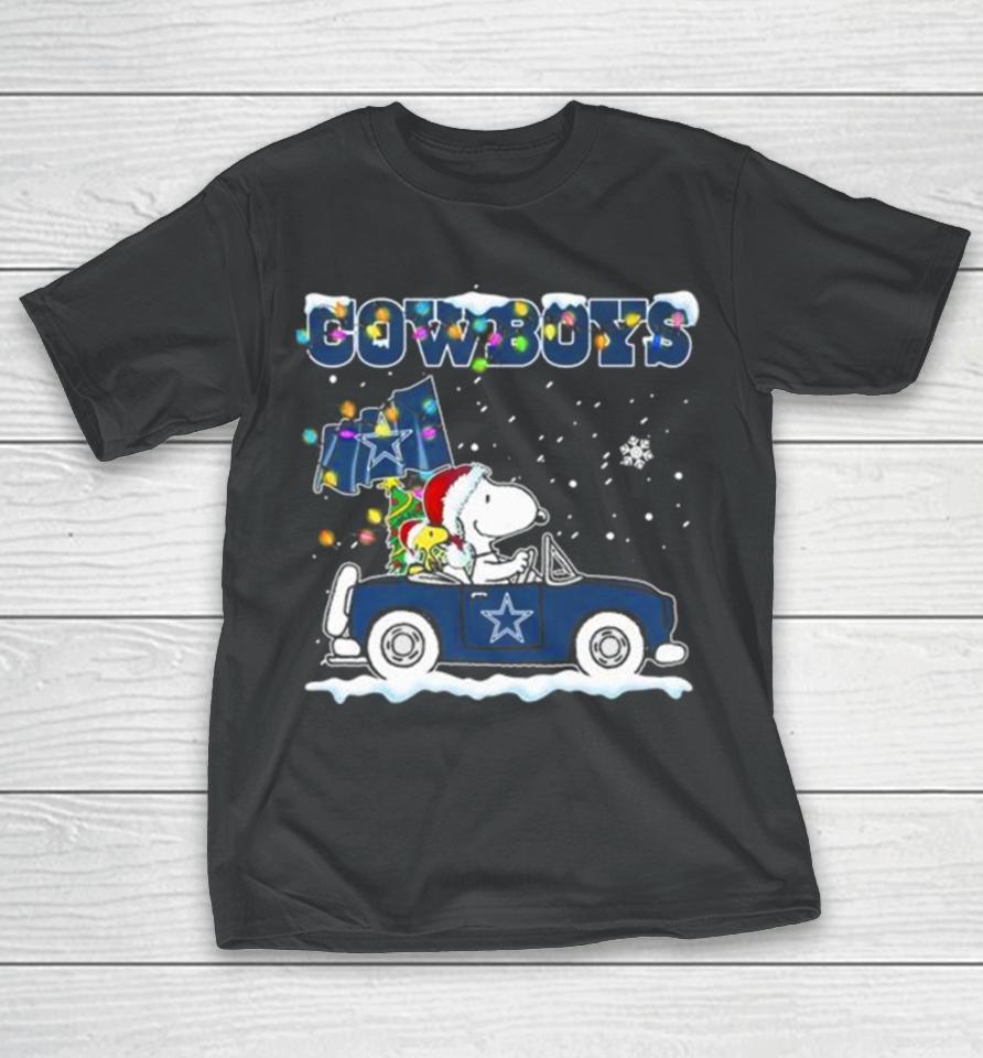Peanuts Snoopy And Woodstock Drive Car Dallas Cowboys Christmas T-Shirt