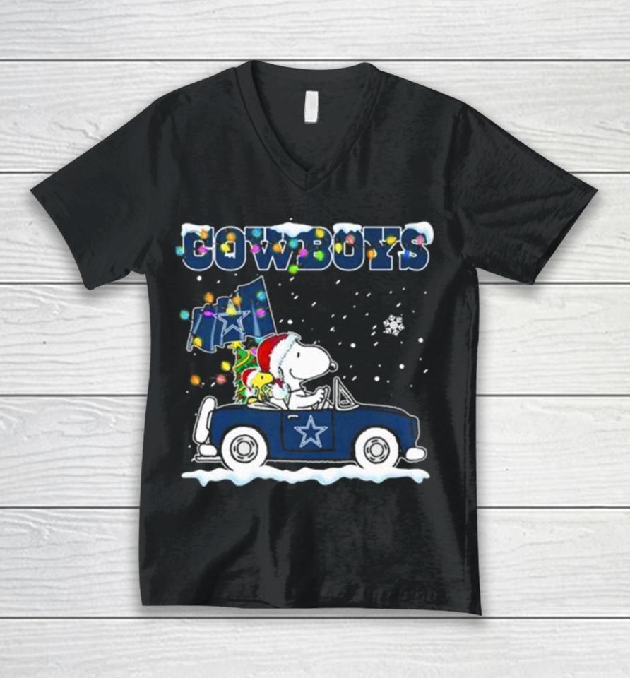 Peanuts Snoopy And Woodstock Drive Car Dallas Cowboys Christmas Unisex V-Neck T-Shirt