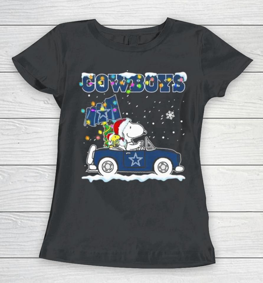 Peanuts Snoopy And Woodstock Drive Car Dallas Cowboys Christmas Women T-Shirt