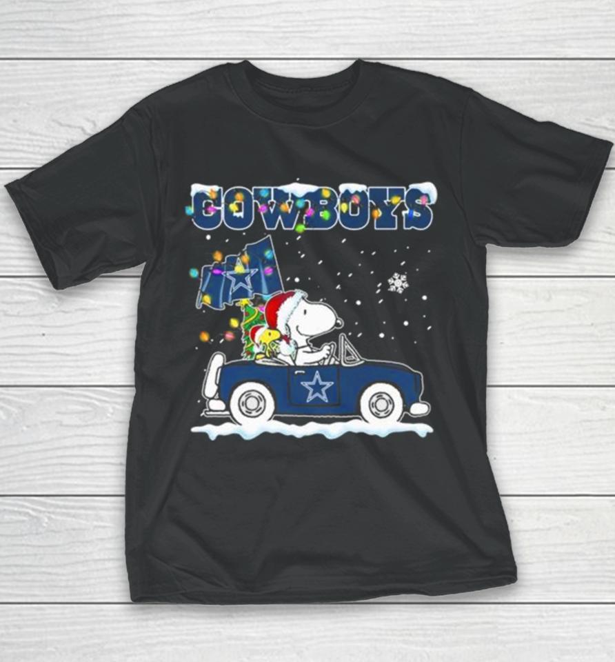 Peanuts Snoopy And Woodstock Drive Car Dallas Cowboys Christmas Youth T-Shirt