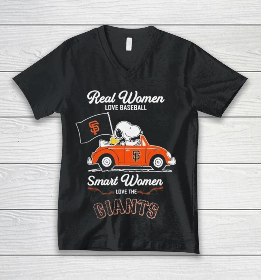 Peanuts Snoopy And Woodstock On Car Real Women Love Baseball Smart Women Love The Sf Giants Unisex V-Neck T-Shirt