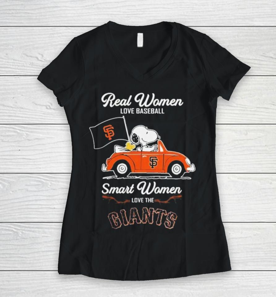 Peanuts Snoopy And Woodstock On Car Real Women Love Baseball Smart Women Love The Sf Giants Women V-Neck T-Shirt