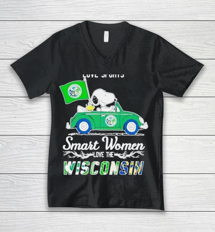 Peanuts Snoopy And Woodstock On Car Real Women Love Baseball Smart Women Love The Wisconsin 2024 Unisex V-Neck T-Shirt
