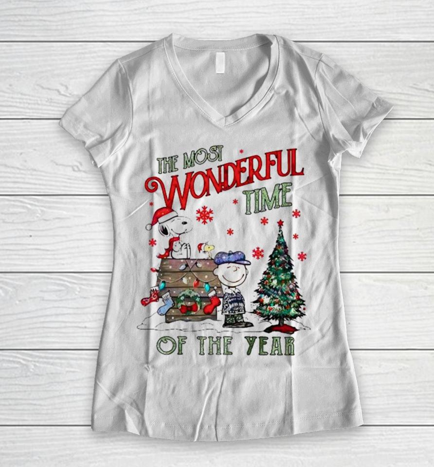 Peanuts Snoopy The Most Wonderful Time Of The Year Merry Christmas Women V-Neck T-Shirt
