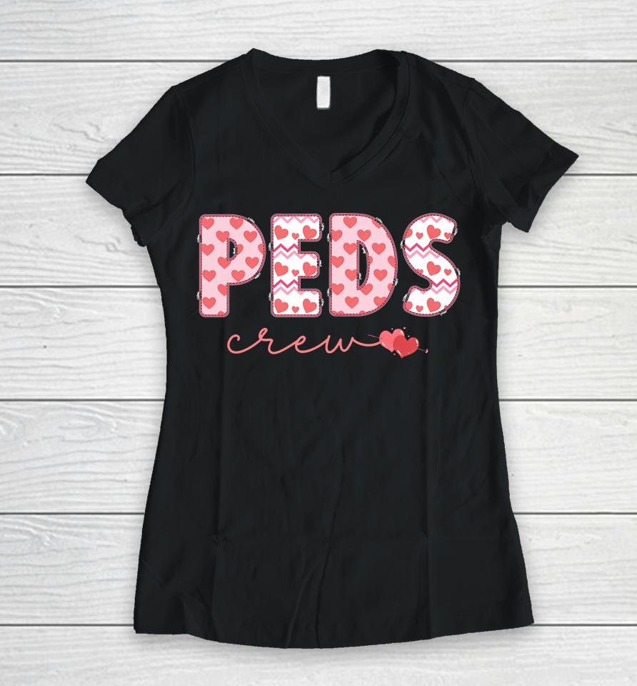 Peds Crew Nurse Valentine's Day Heart Pediatrics Nursing Women V-Neck T-Shirt