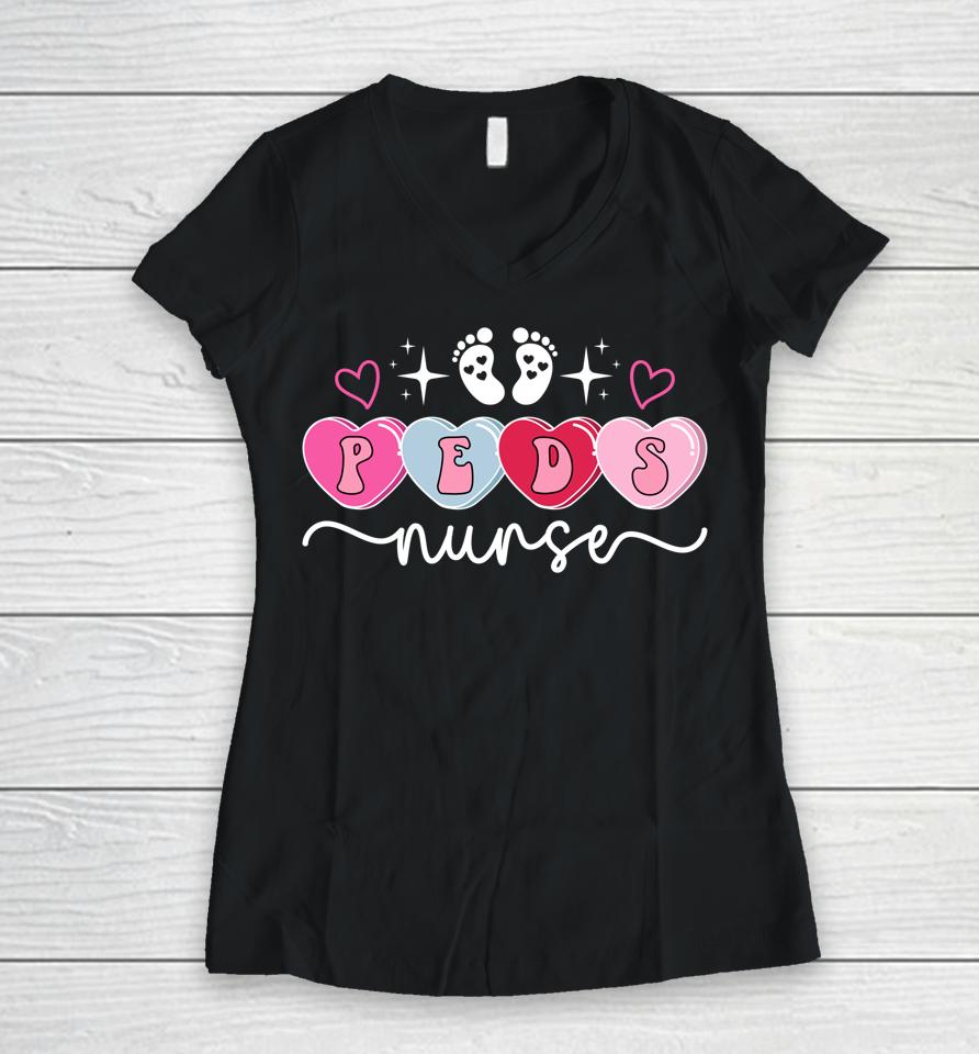 Peds Nurse Valentine Hearts Pediatric Nursing Valentines Day Women V-Neck T-Shirt