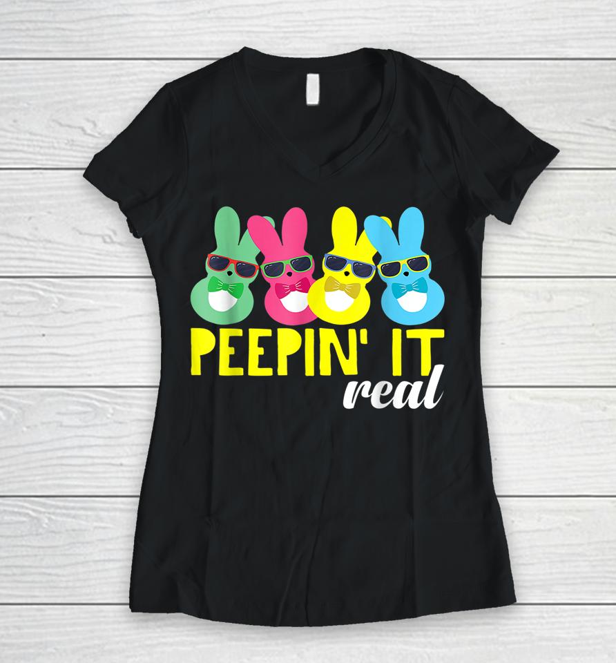 Peepin It Real Easter Bunnies Women V-Neck T-Shirt