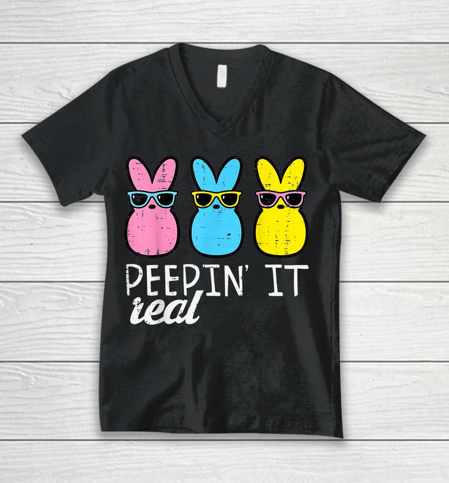 Peepin It Real Easter Bunnies Unisex V-Neck T-Shirt