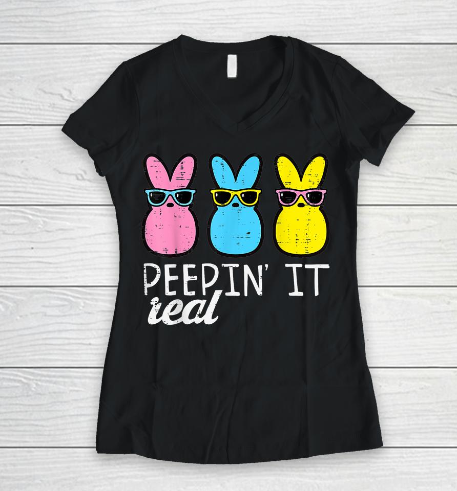 Peepin It Real Easter Bunnies Women V-Neck T-Shirt