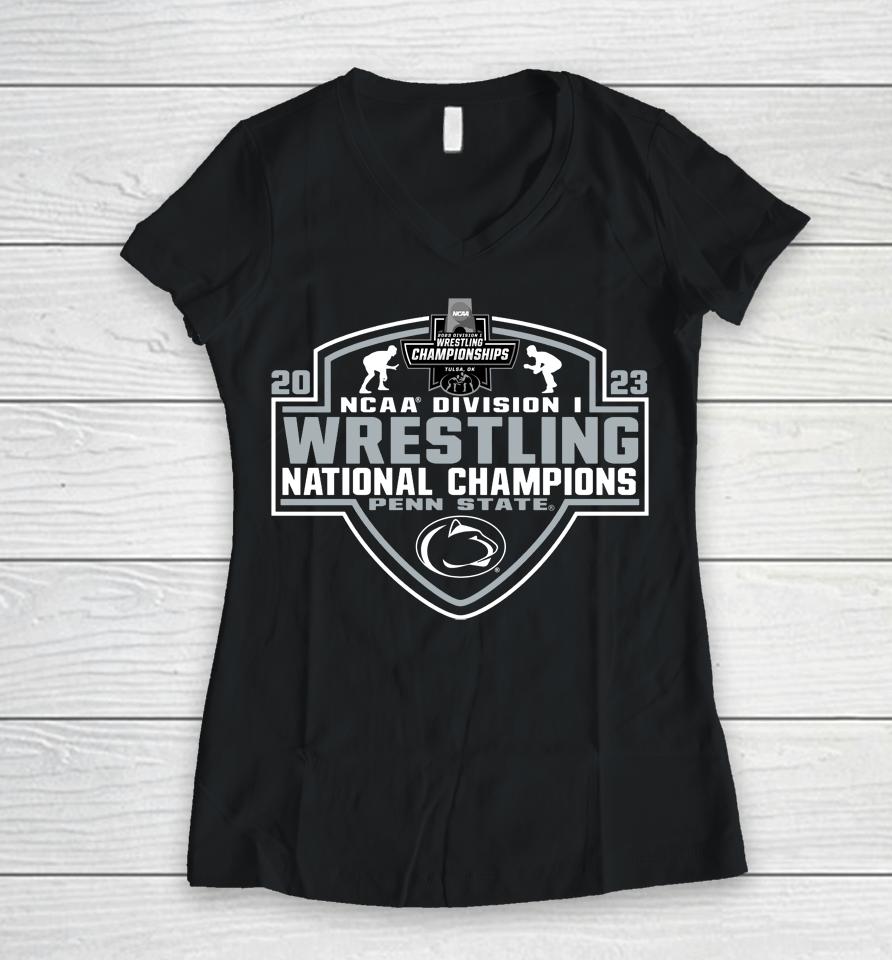 Penn State Nittany Lions Blue 84 2023 Ncaa Wrestling National Champions Women V-Neck T-Shirt