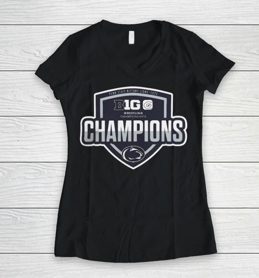 Penn State Nittany Lions Blue 84 2024 Big Ten Wrestling Tournament Champions Locker Room Women V-Neck T-Shirt