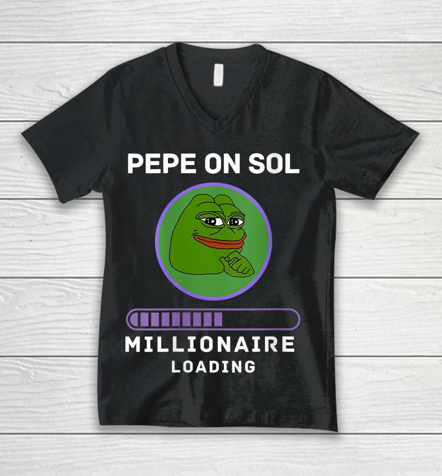 Pepe On Sol Solana Millionaire Loading Crypto Meme Shitcoin Unisex V-Neck T-Shirt