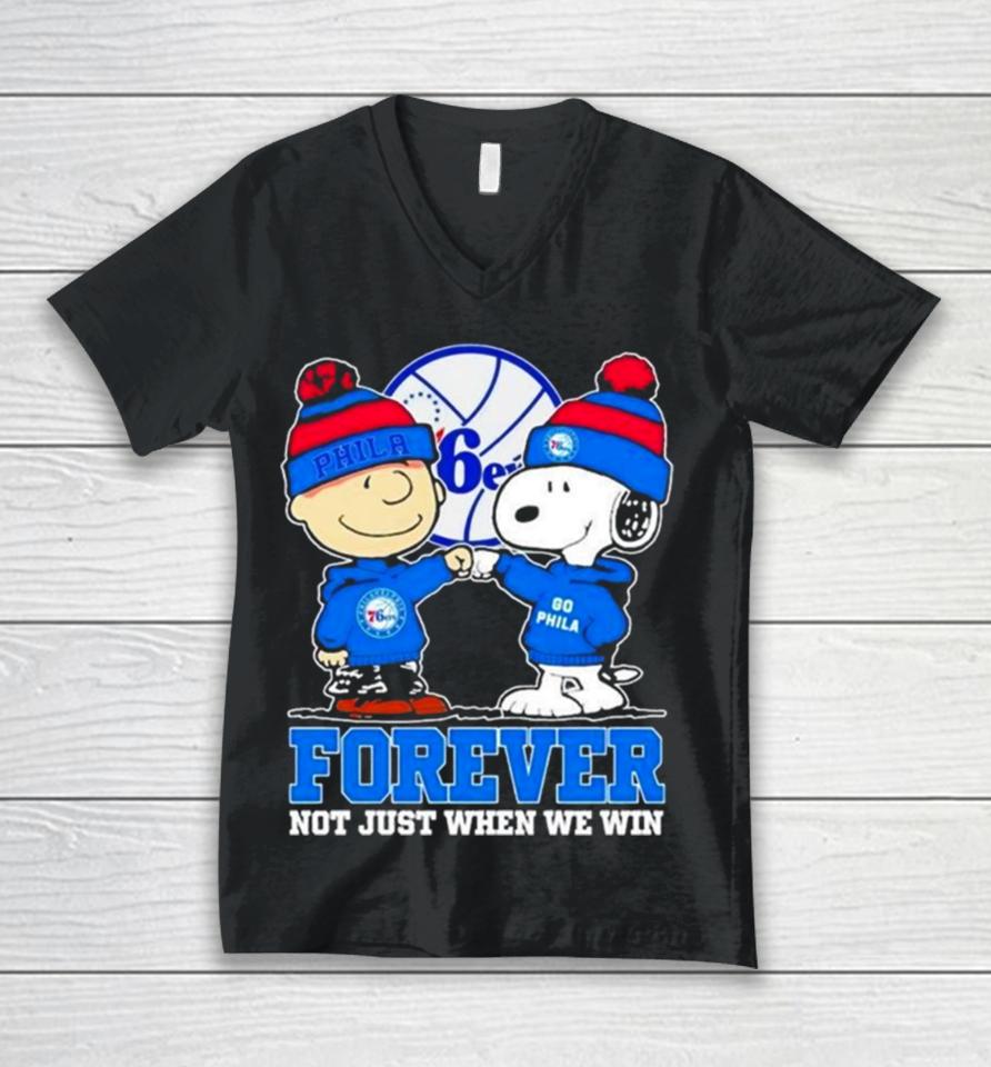 Philadelphia 76Ers Nba Snoopy And Charlie Brown Forever Not Just When We Win 2024 Unisex V-Neck T-Shirt
